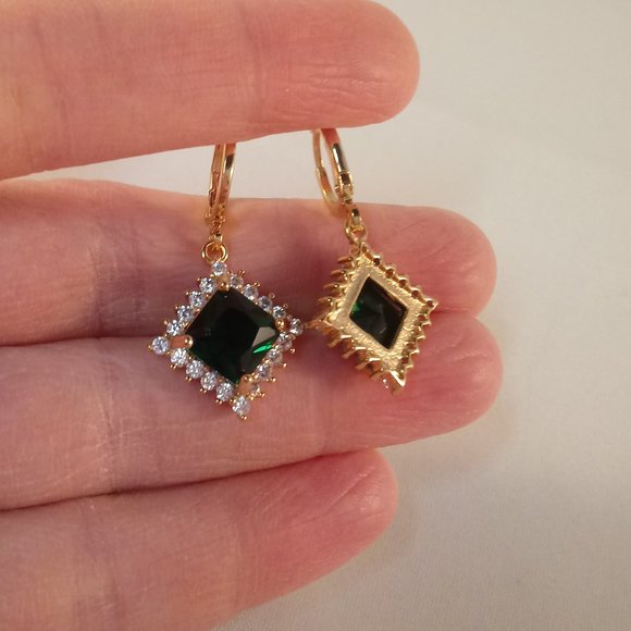18K Yellow Gold Filled Emerald Diamond Zircon Square Dangle Earrings 1.96ctw ea. - Picture 3 of 4